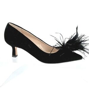 Pelle Moda Size 7.5 Black Suede Ostrich Feather Kitten Heel Pump NEW Kealie $165